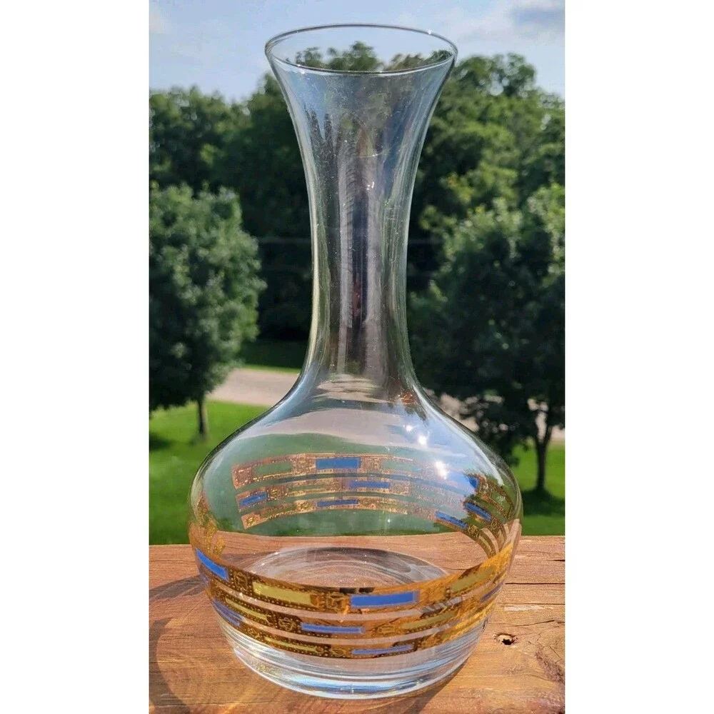 Vintage Culver 22k Gold Blue Empress Glass Carafe Decanter MCM Blue Green Retro